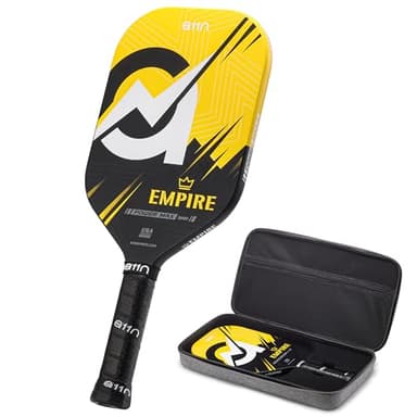 A11N Empire Edgeless Pickleball Paddle – Carbon Fiber Paddle with Longer Handle Design for Double-Handed Backhand & SuperGrit Surface Texture Technology, PowerMax – Elongated Shape, Yellow