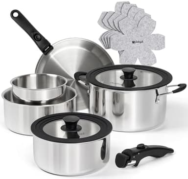 Michelangelo 14pcs Tri-Ply Stainless Steel Cookware Set with Detachable Handle, Induction Kitchen Cookware Set, Oven Safe Pots and Pans, Stackable RV/Camping Cookware