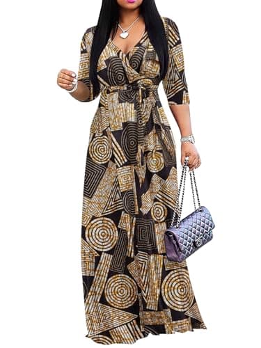 African Pattern Ankara Maxi Dress for Women Traditional 3/4 Sleeve Casual Floor Length Swing Dress