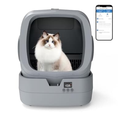 UPFAS Automatic Cat Litter Box Self Cleaning - APP Control - Weight Monitoring - Ultra-Quiet, Medium Cats and Kittens Litter Box, Safe Anti-Pinch【Assembly Required】- Grey