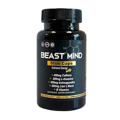Extreme Energy Pills | 400mg Caffeine | 600mg Ashwagandha | 200mg Lions Mane | Increased Energy & Focus & Mood by Beast Mind