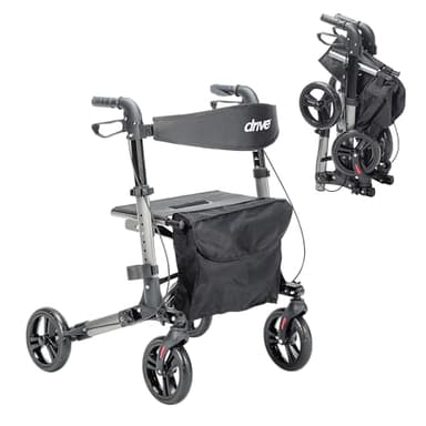 Drive Medical Compact Folding Rollator - Lightweight Foldable Walker for Seniors, 4-Wheeled Walker with Seat & Brakes, Space-Saving & Portable Travel Rollator with 8-Inch Wheels - Just 15.4 Pounds