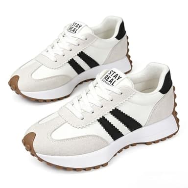 Women's Fashion Thick Sole Sneakers, Breathable Walking Shoes, Comfortable Support, Casual Textile Upper, Rubber Sole, All Seasons (White,7)