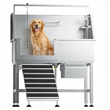 46" Heavy Duty Dog Washing Station - 304 Stainless Steel Pet Bathing Tub with Left Side Ramp, Elevated Grooming Sink with Storage Drawer & Removable Floor Grate, Outdoor Ready for Large & Medium Dogs