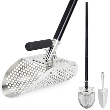 Sand Scoop for Metal Detecting, Stainless Steel Metal Detector Scoop, Metal Detecting Shovel with Long Fiberglass Handle, Metal Detector Accessories, Sand Sifter for The Beach, Sand Flea Rake