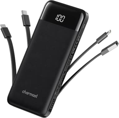 charmast Portable Charger with Built in Cables, Power Bank with Cords Wires, Slim 10000mAh Travel Battery Pack 6 Outputs 3 Inputs 3A Fast Charging for Samsung Google Pixel LG Moto iPhone iPad