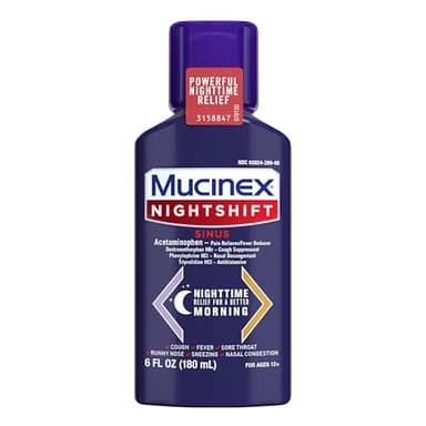 Mucinex Nightshift Sinus, Cold And Flu Cough Medicine For Adults, Powerful Nighttime Sinus Medicine For Sinus Relief, Sore Throat Relief, Cough Suppressant & Nasal Decongestant For Adults, 6 Fl Oz
