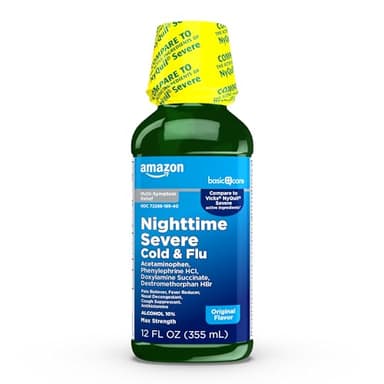 Amazon Basic Care Nighttime Severe Cold and Flu Syrup, Max Strength Liquid Medicine for Cough, Sore Throat, Nasal Congestion, Pain Reliever, Fever Reducer, Original, 12 fl oz
