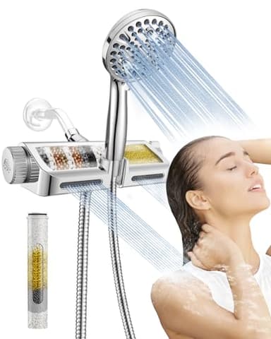 MakeFit Filtered Shower Head with Handheld Combo - Dual 2-in-1 Spa System with Massage Shower and 10 Modes Hand Held Shower High Pressure with Built in Power Wash Mode (Chrome)