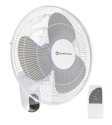 Comfort Zone 16-Inch Wall Mount Fan with Remote Control – Quiet 3-Speed Oscillating Indoor Fan with 90° Wide-Angle Airflow, Timer & Sleep Modes – Space-Saving Wall Fan for Bedroom, Home Gym & Office
