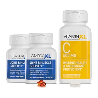 OmegaXL Joint Support Supplement, Natural Muscle Support 60 Softgels (2 Pack) & VitaminXL Vitamin C Supplement for Antioxidant Support, Helps Immune Health and Collagen Production (30 Vegan Capsules)