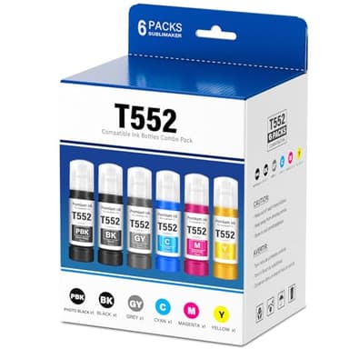 Compatible for 552 Ink Refill Bottles 6 Pack (NotSublimation Ink) Compatible Replacement for Epson Ecotank Photo ET-8550 ET-8500 ET8550 ET8500 8550 8500 Printer, T552 Ink (BK Pigment, PB C M Y GY Dye)