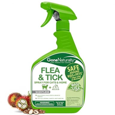 GoneNaturally Flea and Tick Spray for Cats & Home– Natural Flea and Tick Prevention for Cats– Bed Bug & Multi-Insect Killer– Scentless Plant-Based Formula Kills on Contact (16 oz)