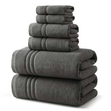 REDKISS Dark Gray Towels Set 6 Piece Cotton Towel Sets with 2 Bath Towels, 2 Hand, 2 Washcloths, 650GSM Hotel Quality, Soft, Highly Absorbent Towels for Bathroom Gym, Ideal Everyday Use