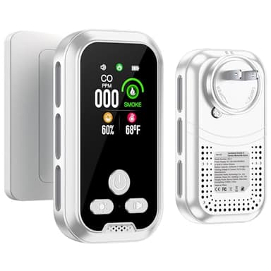 HAKINAKU 4in1 Plug in Smoke & Carbon Monoxide Detector Combination Builti-in 2000mAh Backup Battery HD Screen [Smoke CO Temp Humidity Sensor] for Home Hotel Travel (1 Pack, White)