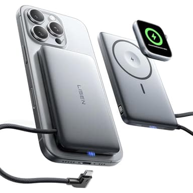 LISEN 0.5'' Ultra Slim MagSafe Power Bank for iPhone and Apple Watch,10000mAh MagSafe Battery Pack,Alloy Magnetic Portable Charger for iPhone 16 Pro Max Plus/15, Apple Watch S11 /S10 S9 SE，Grey