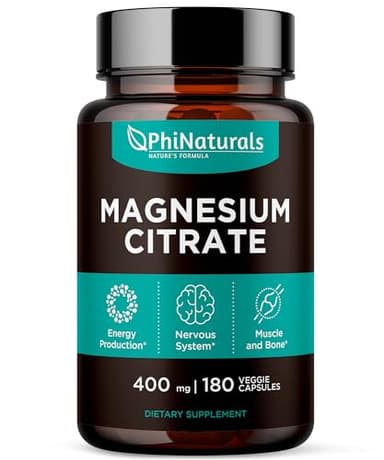 Magnesium Citrate Powder Capsules 400mg - 180 Count Veg Caps - PhiNaturals Supplements - Nervous System Support and Enzyme Function