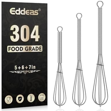 Eddeas Small Whisk Stainless Steel, Mini wire whisk 3 Pieces, 5in, 6in & 7in Tiny Whisks Perfect for Whisking, Beating, Mixing Sauces & Blending Ingredients.