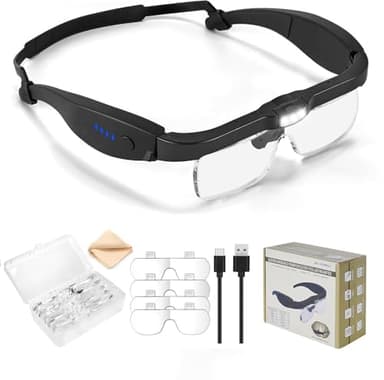 Magnifying Glasses with Light, 0.75X-4.0X Magnifying Glass, Rechargeable Head Magnifier Glasses with 3 LED Lights and 5 Detachable Lenses, Headset Magnifier for Close Work Crafts Jewelry