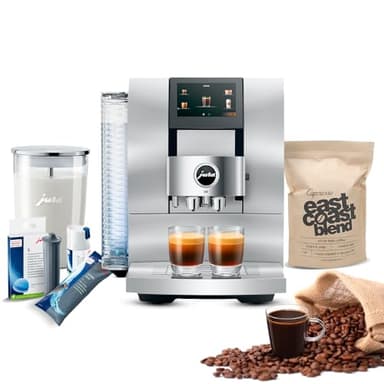 Jura Z10 Coffee Machine Aluminum White Bundle with Filter Cartridge Water Stabilizer, Milk System Cleaner Mini-Tabs, Cleaning Tablets, Milk Containers, and Blend Whole Bean Coffee (6 Items)