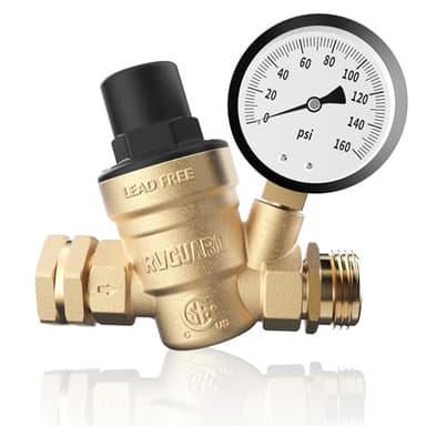 RVGUARD RV Water Pressure Regulator Valve, CSA Approved, Lead-Free Brass Adjustable Water Pressure Reducer with Gauge and Inlet Screen Filter for RV Camper Travel Trailer