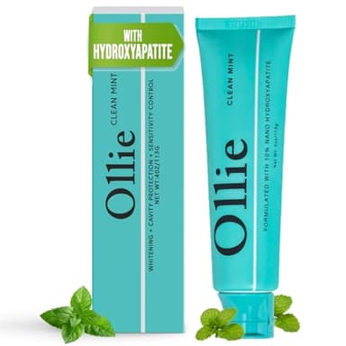 Ollie Fluoride Free 10% Nano Hydroxyapatite Toothpaste for Remineralizing Enamel, Sensitive Teeth & Whitening, Clean Mint 4oz (Pack of 1)