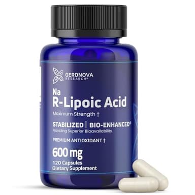 Geronova Research Bio-Enhanced R-Lipoic Acid, 600 mg Dose - 2 Month Supply - Stabilized R Alpha Lipoic Acid with Enhanced Absorption - R Lipoic Acid Supplement - 120 Capsules