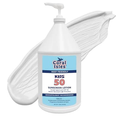Coral Isles by Rocky Mountain Sunscreen | SPF 50 KIDS Lotion | Broad Spectrum UVA/UVB Protection | Hawaii Reef-Safe Act Compliant | Oxybenzone & Octinoxate Free | Water Resistant 80 Min. | 128 Fl Oz