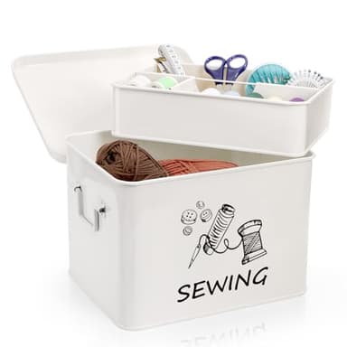 ZOOFOX Sewing Box with Removable Tray, Metal Sewing Box Organizer with Side Handles, Large White Farmhouse Sewing Basket for Sewing Supplies, Beads and Jewelry Making, Christmas Gifts