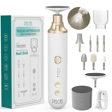 PELCAS 8 in 1 Cordless Nail Drill, Electric Nail Filer 5 Speeds Manicure & Pedicure Kit with LED Light, Electric Foot Callus Remover for Foot Callus, Toenail, Thick Nails, Finger Nails Golden