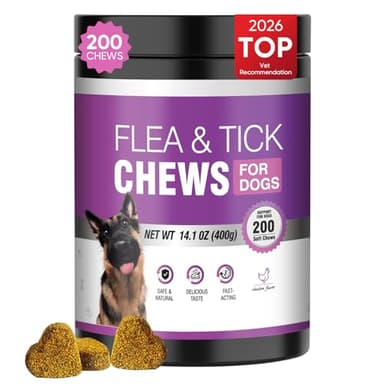 Dog Flea and Tick Treatment Chewable 200 Treatment Chews Natural Soft Chew Fleas Ticks Treatment Dog Oral Chewables Support Supplement Breeds and Ages Dogs Chicken Flavor