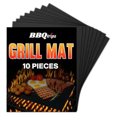 BBQtrips Grill Mats for Outdoor Grill (10 Pack) - Non Stick Reusable Grill Sheets & BBQ Accessories - Easy to Clean Cooking Liners for Gas, Charcoal, Electric - 15.75 x 13 Inch