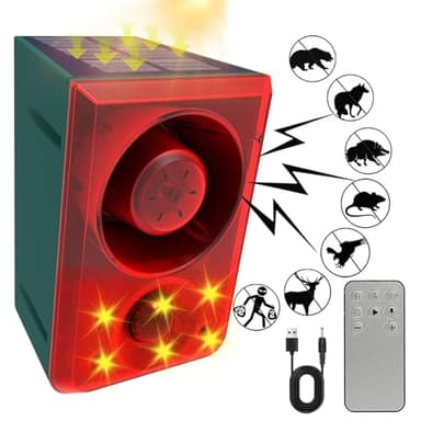 ChunHee Solar Outdoor Motion Sensor Alarm with Dog Barking Gunshot Sound, Support Recording and Adjustable Volume, 130db Loud Noise Maker 3 Work Modes Strobe Light for Home, Villa, Farm, Barn (1pack)