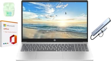 HP 15.6" Business Laptop with 1-Year Office 365 with Copliot AI, 16GB RAM 128GB SSD, Quad-Cores Intel Processor, Windows 11, PLUSERA Earphones & 8-in-1 Hub Included, Natural Silver