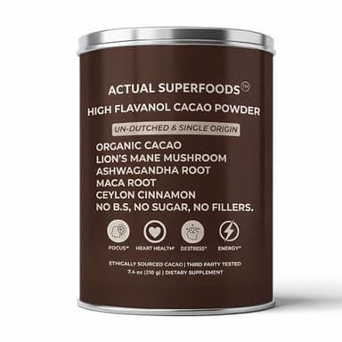 Actual Superfoods High Flavanol Cacao Powder Blend - Flavanols & Flavanoids - Organic Coffee Alternative with Lions Mane, Ashwagandha, Maca & Ceylon Cinnamon - 7.4 ounces - Morning Focus & Energy Ritual
