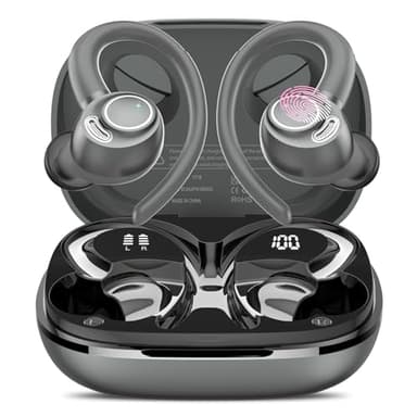 Wireless Earbuds, Bluetooth 5.4 Headphones Sport, Over Ear Buds with ENC Noise Cancelling Mic, 48H, Wireless Earphone with Earhooks, Stereo Deep Bass, IP7 Waterproof Ear Bud for Workout Running, Grey