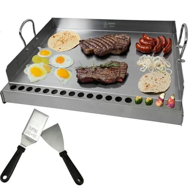 Universal Stainless Steel Flat Top Griddle Insert for Gas & Charcoal Grills – Nonstick, Even Heating & Easy Clean, Includes Turner & Scraper, Ideal for Outdoor BBQ, Tailgating & Camping, 23" x 16"