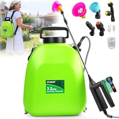 Sylsmart Battery Powered Backpack Sprayer 3.2Gallon, Electric Sprayer with 3-Adjustable Sprayings, Battery Indicator, 5 Nozzles, 41" Retractable Wand, Rechargeable Garden Sprayer for Weed, Lawn&Yard