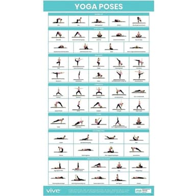 Vive Yoga Poster - Poses for Beginners and Experts - Mat Exercise Home Gym Workout Accessories Set- Double Sided Laminated Flow Chart Accessory - Instructional Guided Routine - for Women, Men