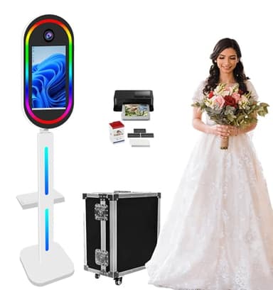 Magic Mirror Photo Booth with Printer Included, 15.6" Touch Screen Portable DSLR Selfie Photobooth Mirror Photo Booth Machine RGB Lights Instant Printing for Events Party Wedding (White, + Printer)