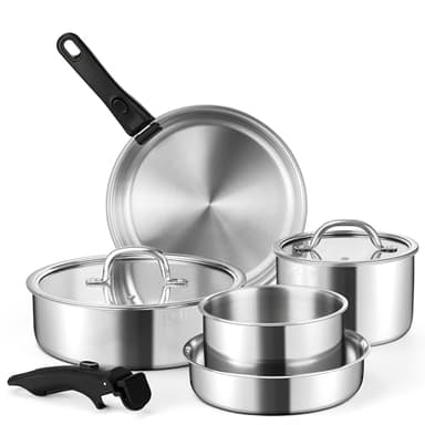 E-far 9pcs Stainless Steel Cookware Set, 3-Ply Pots and Pans Set w/Detachable Handle & Lid, Induction Cookware Kitchen Cooking Set for RV Camping, Nontoxic Whole Clad Frying/Saute/Sauce Pan, Oven Safe