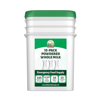 Valley Food Storage Whole Milk Powder | Contains Vitamin A & Vitamin D | Powdered Milk Long Term Storage, 25 Year Shelf Life | Camping Food, Backpacking Meals, Prepper Supplies & Survival Food (10 Bags + Bucket)