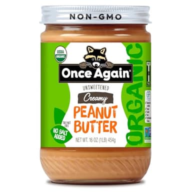 Once Again Organic Creamy Peanut Butter No Sugar Added - Single Ingredient, Unsalted, Natural Peanut Butter No Palm Oil - Glass Jar, Non-GMO, Gluten Free - Smooth and Unsweetened - 1 Jar (16 oz)