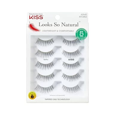KISS Looks So Natural, False Eyelashes, 'Sultry', 12 mm, Includes 5 Pairs Of Lashes, Contact Lens Friendly, Easy to Apply, Reusable Strip Lashes, Glue-On