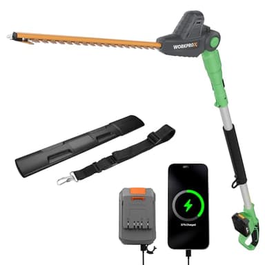 WORKPROX 20V Cordless Pole Hedge Trimmer, 9.2-Feet Reach, 11 Rotating Head Angles, Telescoping Aluminum Pole, Includes 2.0Ah Battery & Charging Cable for Shrubs Trimming