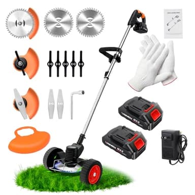 GARDKUNFU 21V Electric Weed Wacker, Cordless Grass Trimmer with 2 Batteries & Charger, 3 in 1 Stringless Brush Cutter/Weed Eater/Edger/Lawn Mower with 3 Types Blade & Wheels for Garden and Yard Lawn