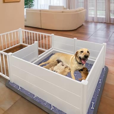 EXROO Whelping Box,Whelping Box for Dogs with Washable Puppy Pads, Double Rooms Whelping Pen for Large Breed Dogs,Indoor Whelping Kit for Puppies Birth,White,96"x48"x19.5"