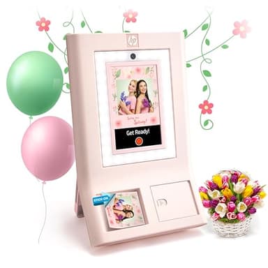 HP Sprocket Photo Booth Machine Instant Color Photo Printer - 10.1" Touchscreen Photobooth, LED Ring Light - Customize w/ 250+ Frames, Prints on 3x4 Zink Paper or Share via QR Code, Mobile App - Pink