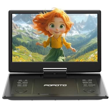 POFOTO 15.7" Portable DVD Player with 14.1" HD Swivel Screen, 6-Hour Rechargeable Battery, Dual Speakers, USB/SD/TV Sync, Supports Multiple Disc Formats, Black [Not Support Blu-Ray]
