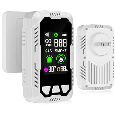 5-in-1 Carbon Monoxide Detector Combo with LCD Display, Detects CO, Natural Gas, Smoke, Temperature, Humidity for Home Hotel, Camping RV, Apartment Safety, Plug-in Monoxide Alarm HD Screen 1 Pack